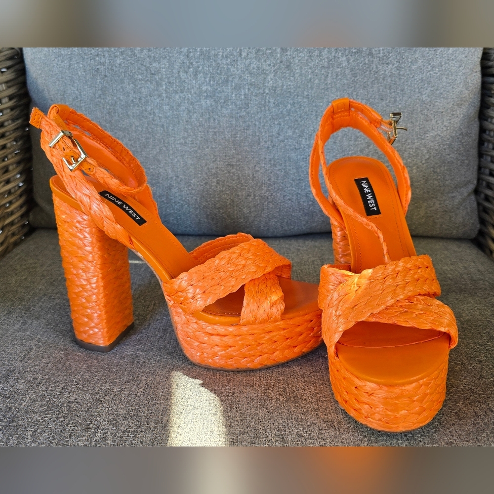 Funky Bright Orange Platform High Heels Sandals Shoes, Straw Or Wicker Like
